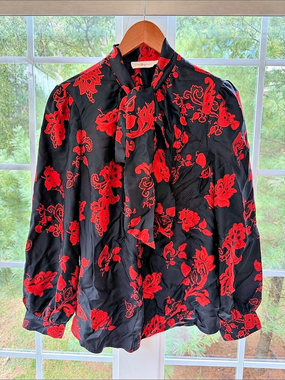Tory Burch Printed Bow Neck Blouse Black & Red